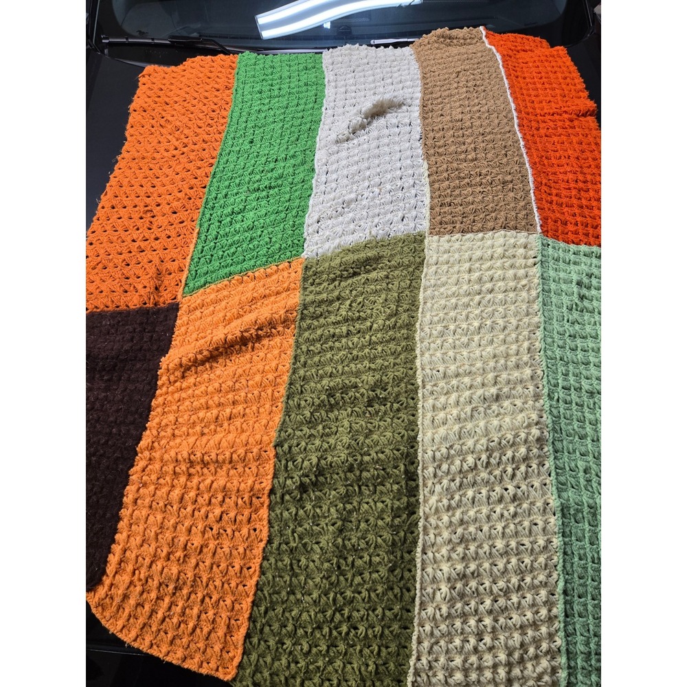 Vintage Handmade Crochet Patchwork Blanket Afghan Retro 70s Earth Tones 55x40